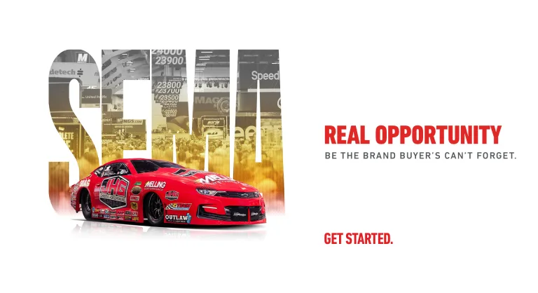 Visuel officiel du SEMA Show avec une voiture rouge et le nom du salon